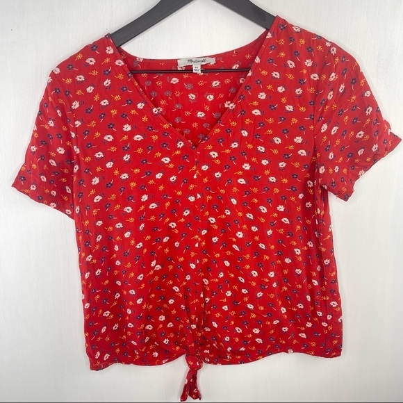 Madewell Novel Tie Front Top in Prairie Posies Red Floral Top - Picture 2 of 5